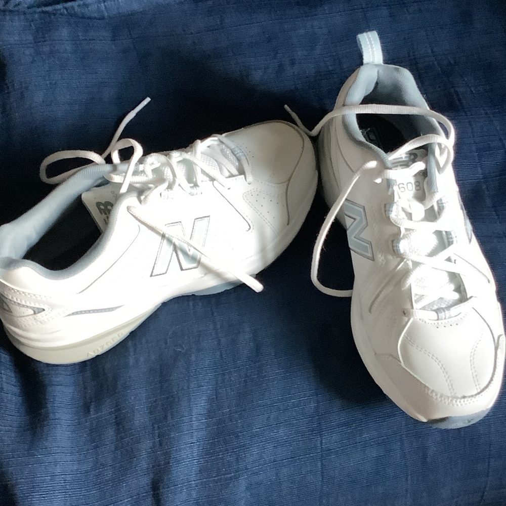 New Balance White Womens Sneakers with Light Gray/Blue Accents